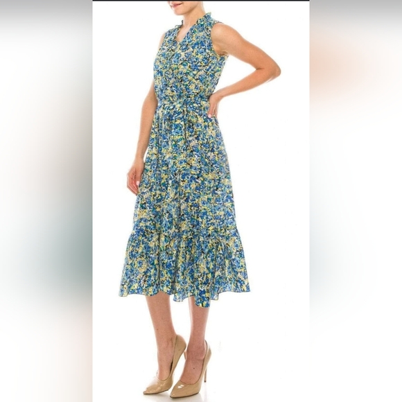 London Times Dresses & Skirts - London Times Blue and Yellow Ruffled Midi Dress